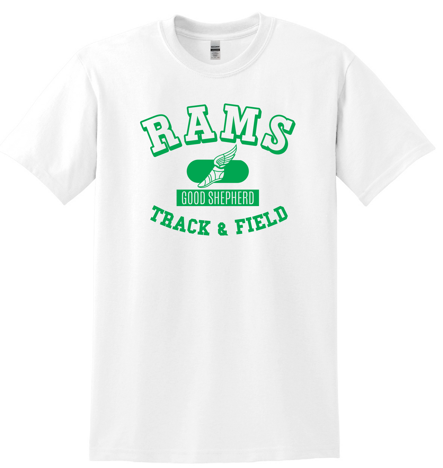Good Shepherd Track and Field SHORT SLEEVE White with green print