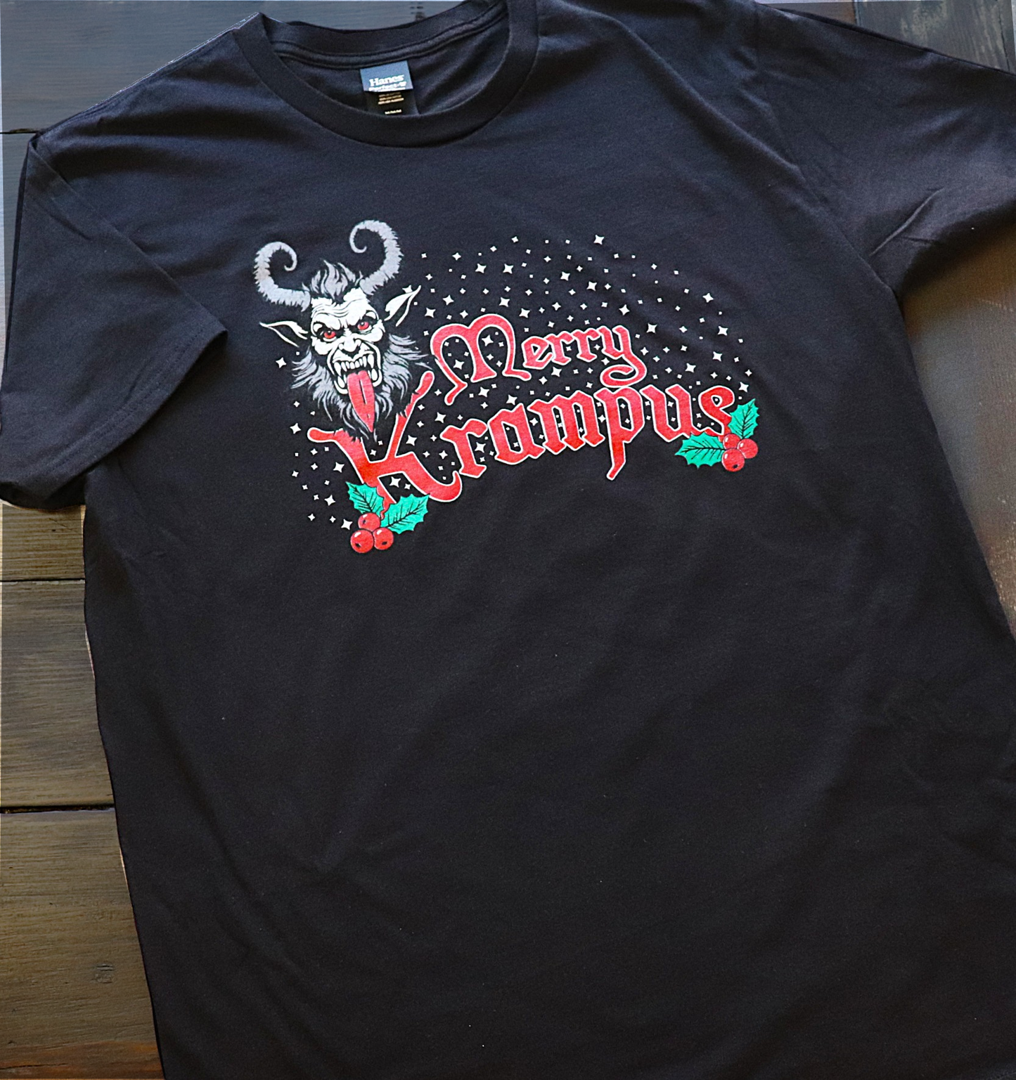 Black t-shirt with 'Merry Krampus' design