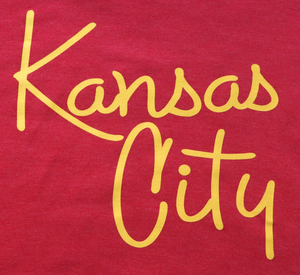 Kansas City Script Font on Red Crew Neck Sweatshirt