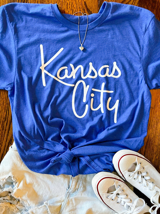 Script Kansas City on Blue Short Sleeve