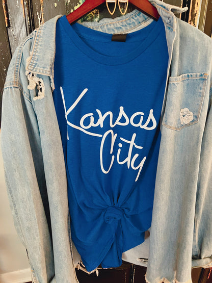 Script Kansas City on Blue Short Sleeve