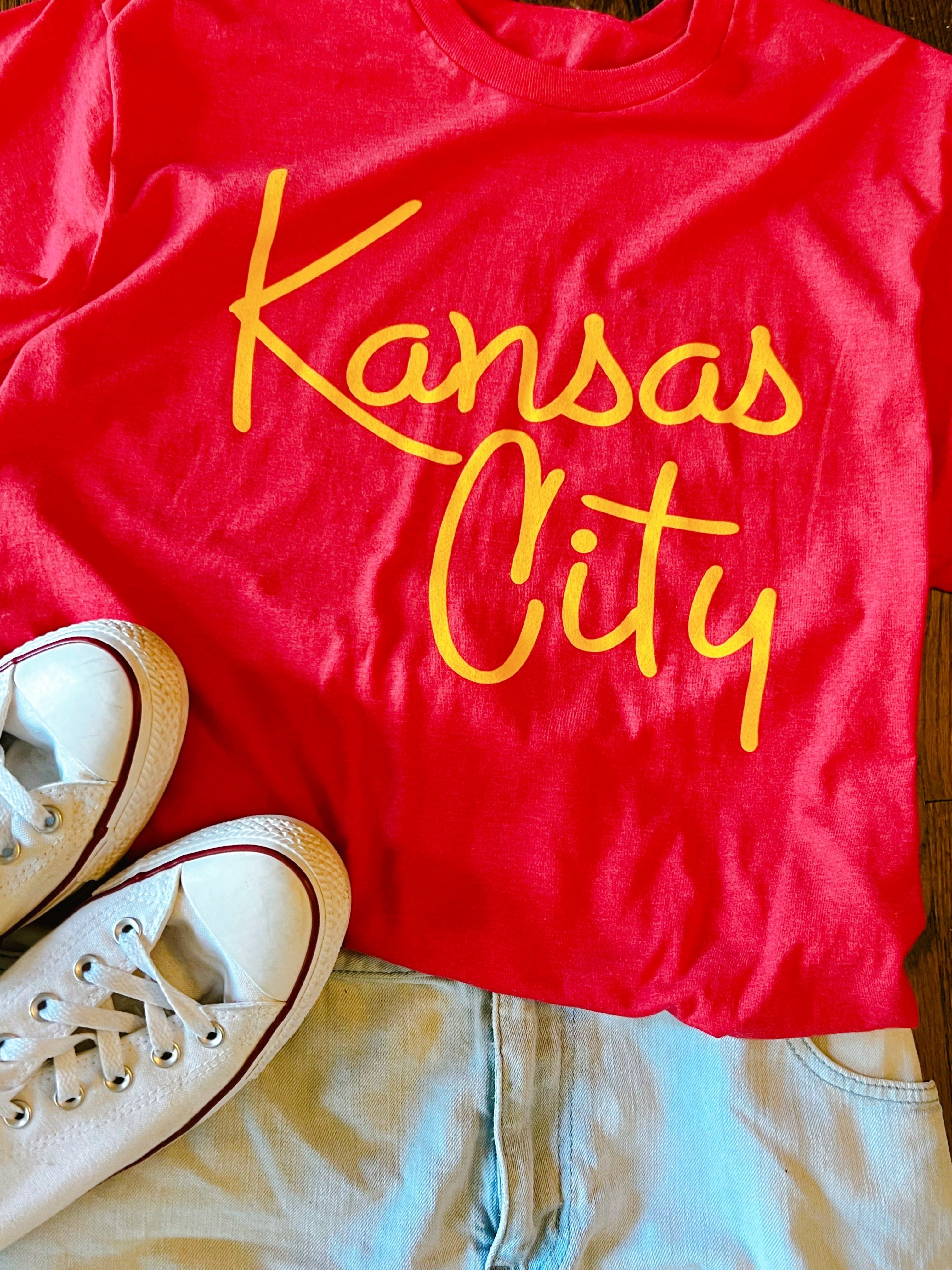 Kansas City Script Font on Red Short Sleeve – KC Shirts