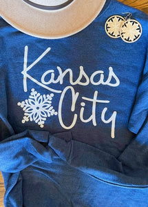 Script Kansas City Snowflake Crew Neck Sweatshirt on Blue