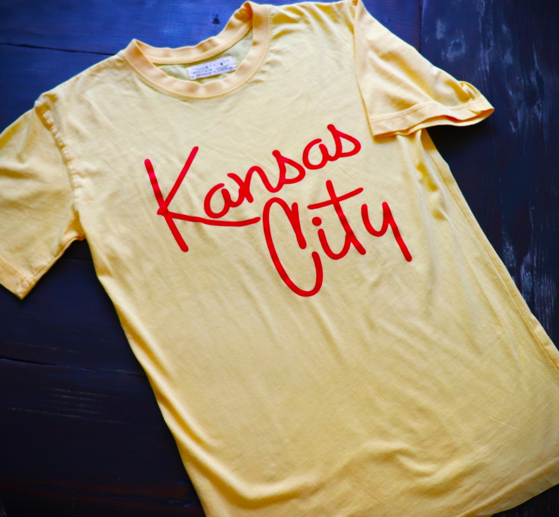 Kc Letters Yellow Kansas City Script Font on Yellow Short Sleeve – KC Shirts