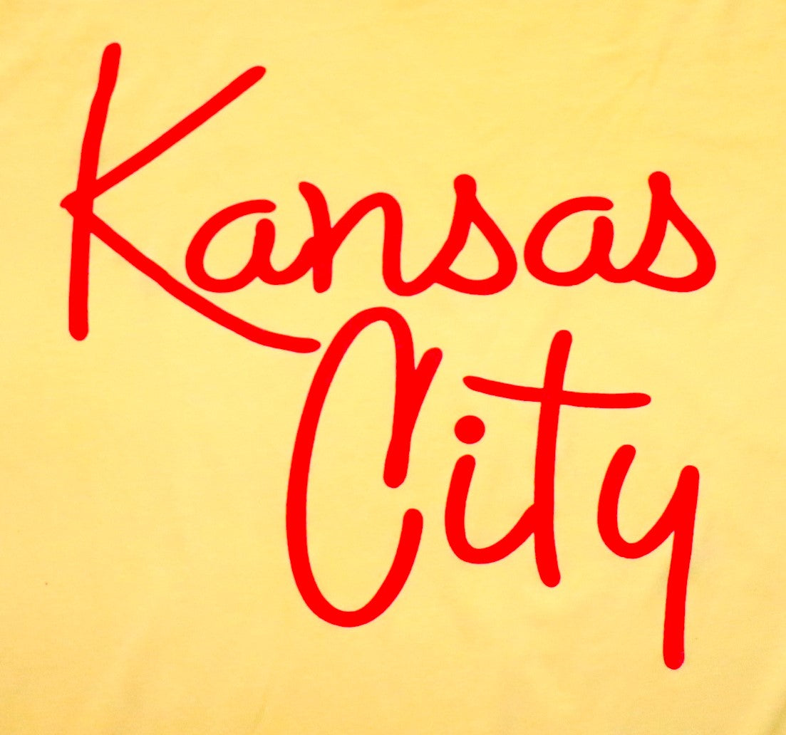 Kansas City Script Font on Yellow Crew Neck Sweatshirt