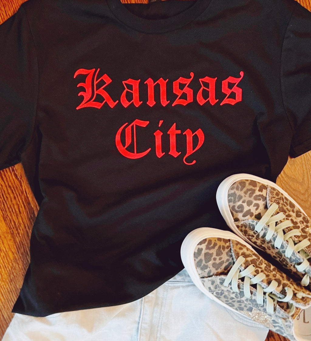 Kansas City in Old English Font Red Ink